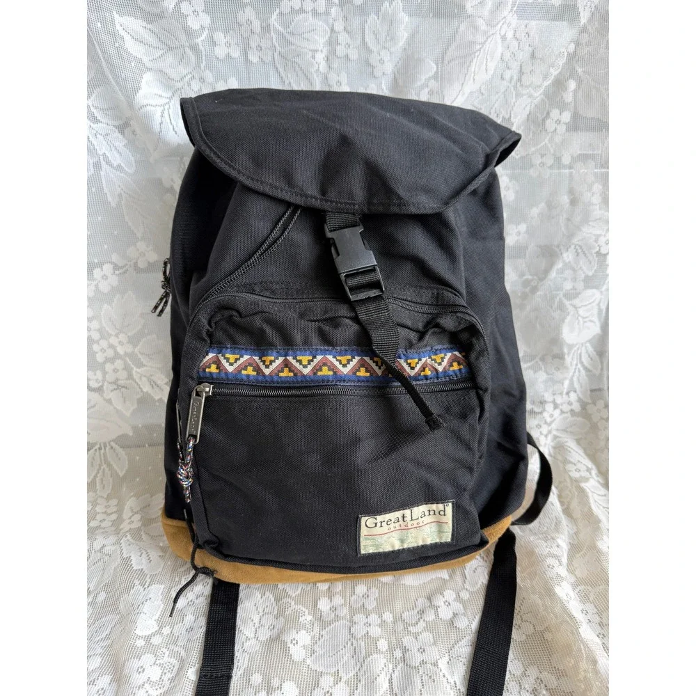Vintage 90s Greatland Nylon Backpack Black Tan Suede Bottom Tribal Aztec Grunge
